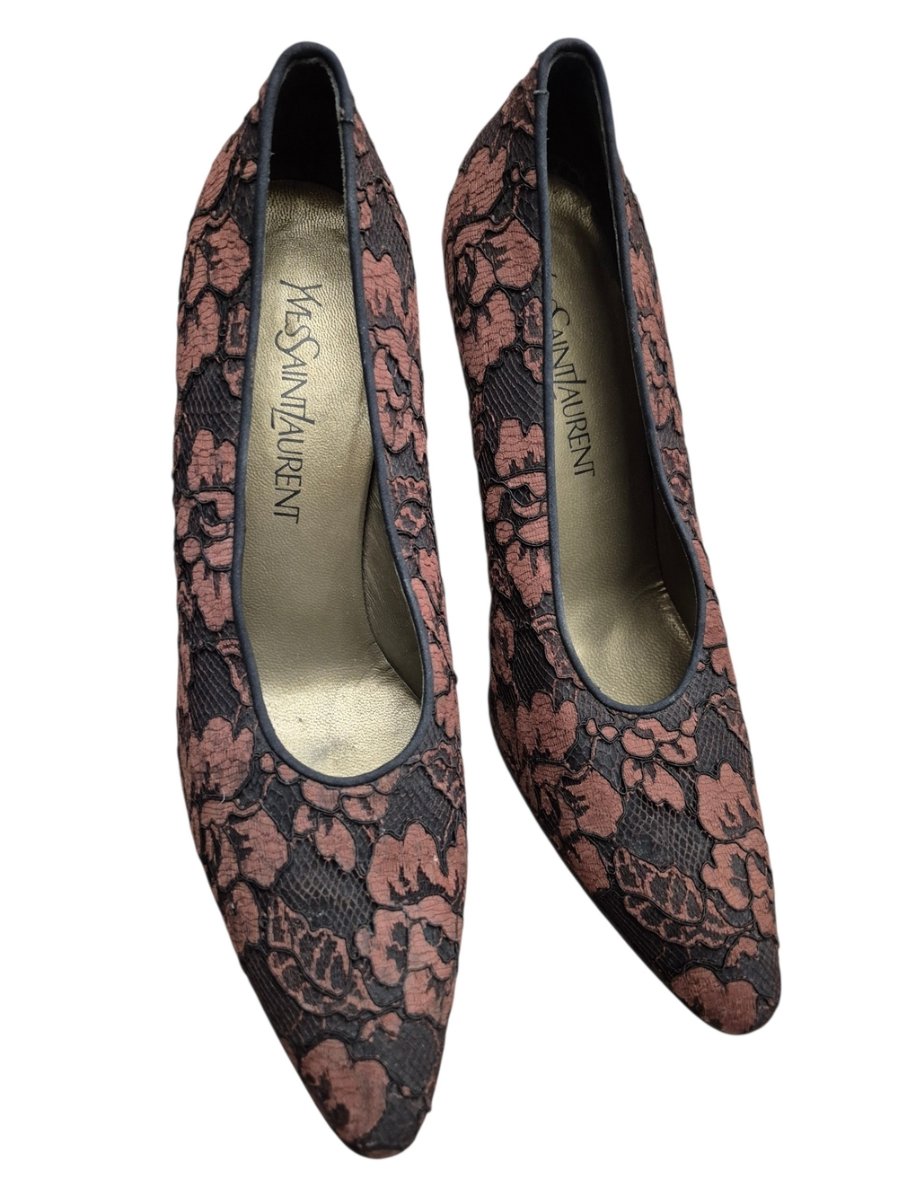 💕VTG Yves Saint Laurent pumps with Brown Floral Lace Size 8.5💕
